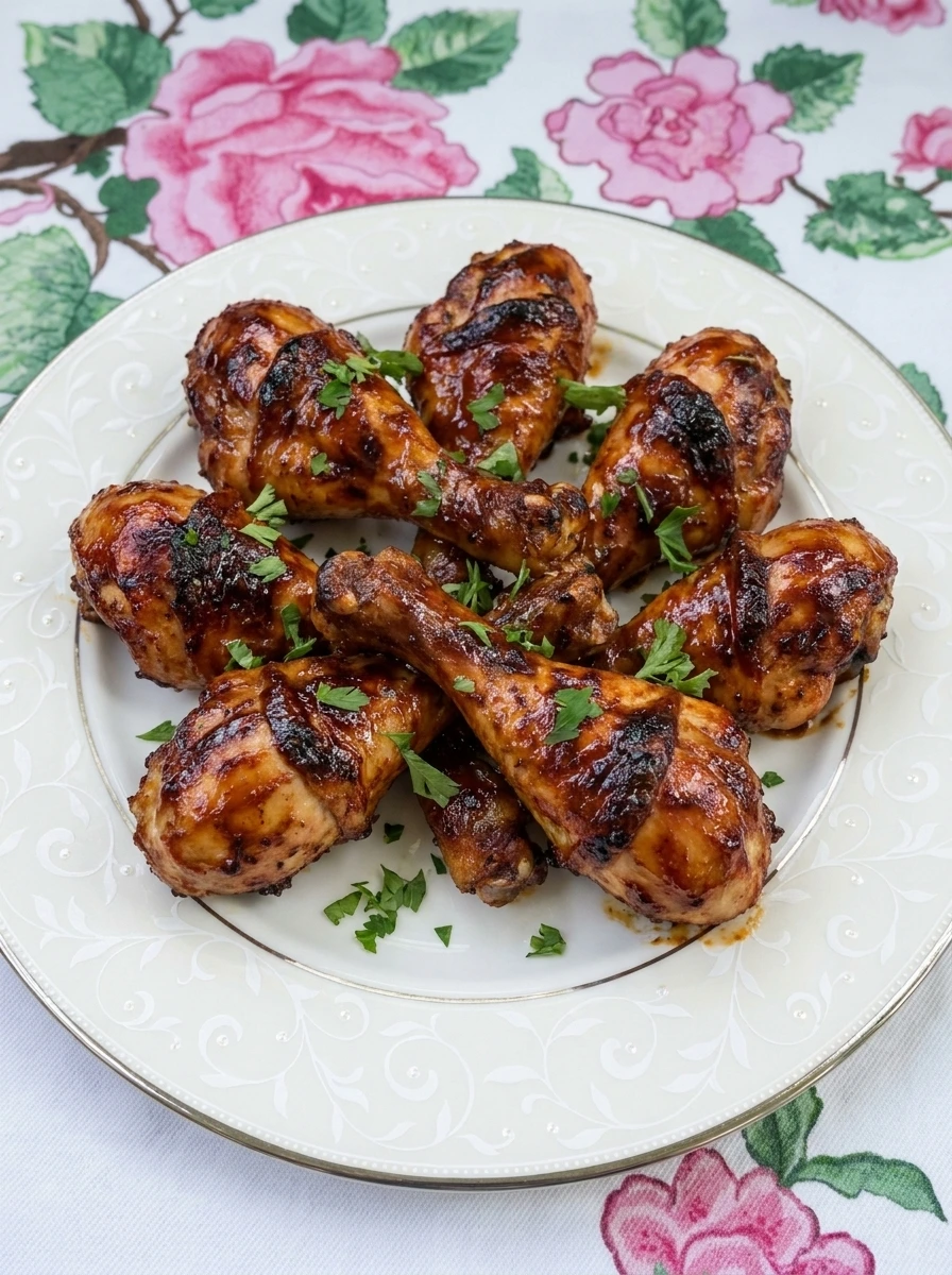 Baked BBQ Chicken Drumsticks on a white plate with sticky glaze and browned edges