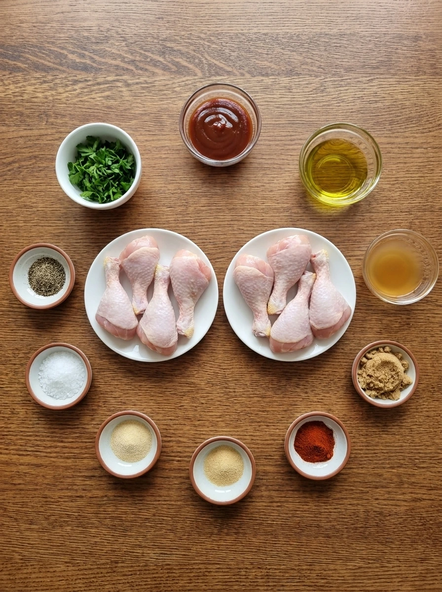 Ingredients for Baked BBQ Chicken Drumsticks in separate small containers