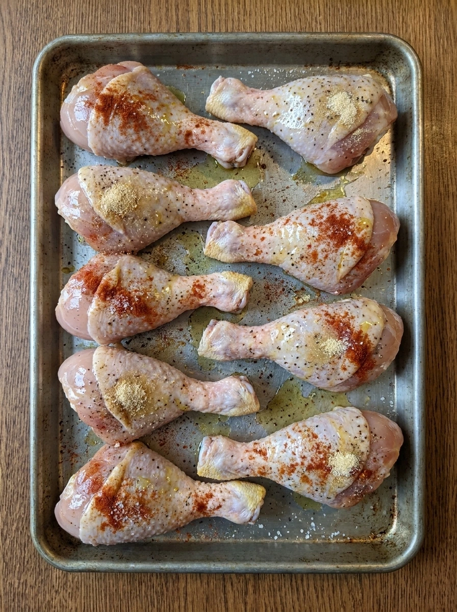 Seasoned raw chicken drumsticks arranged on a sheet pan