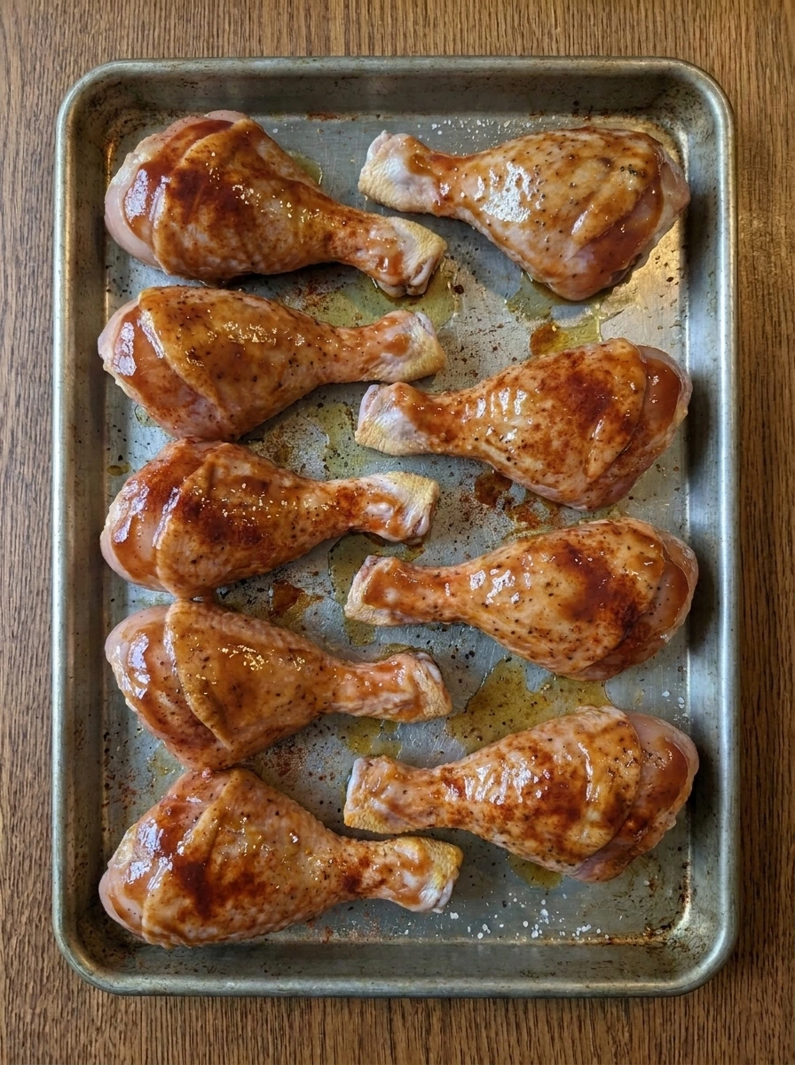 Chicken drumsticks partially coated with barbecue glaze