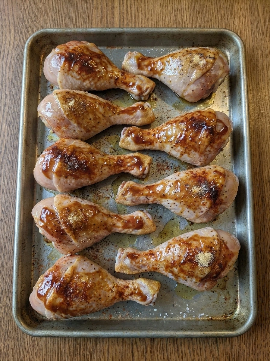 Baked chicken drumsticks flipped and brushed with more barbecue sauce