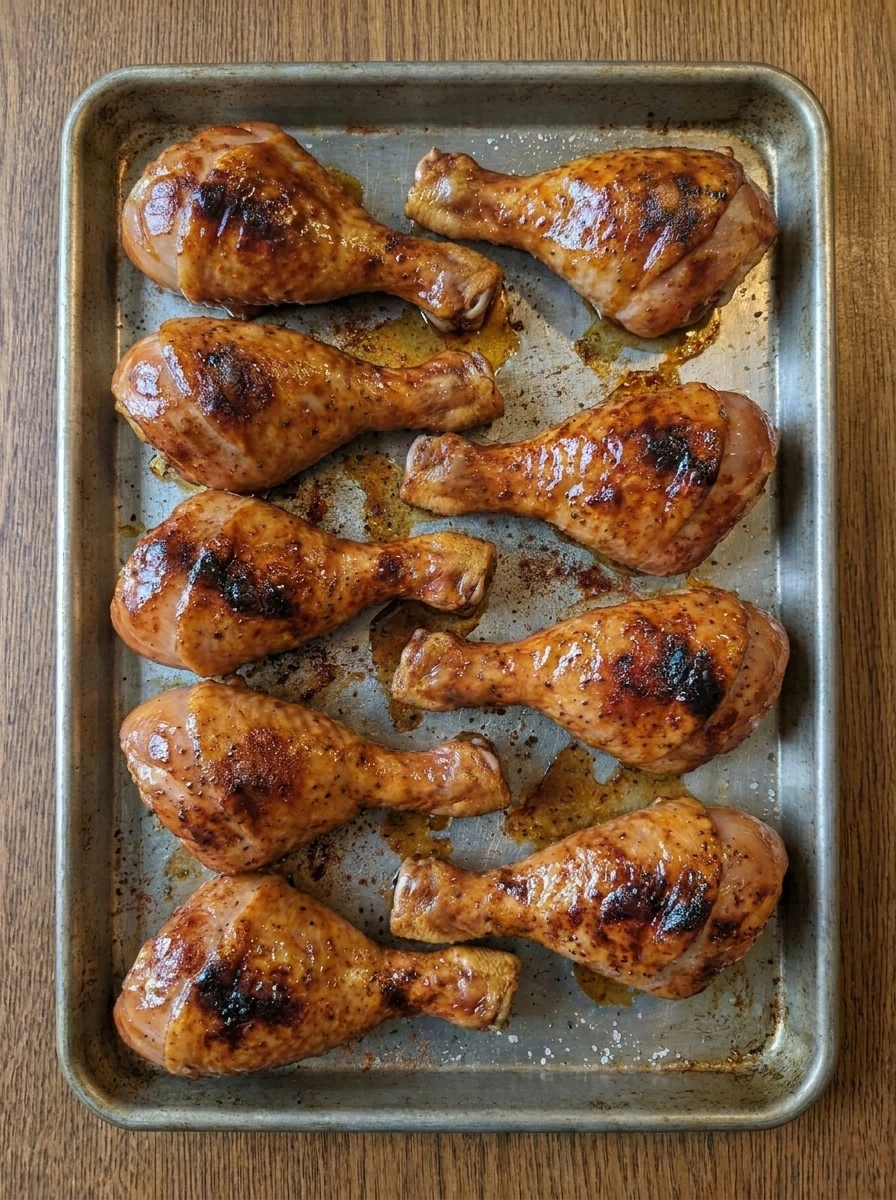 Fully baked barbecue chicken drumsticks with sticky browned glaze