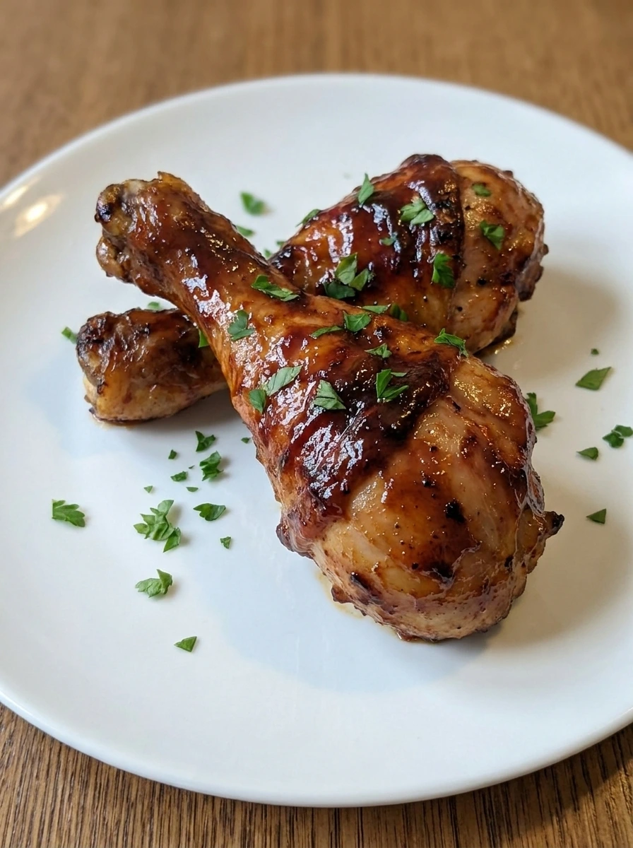 Plated Baked BBQ Chicken Drumsticks with parsley garnish