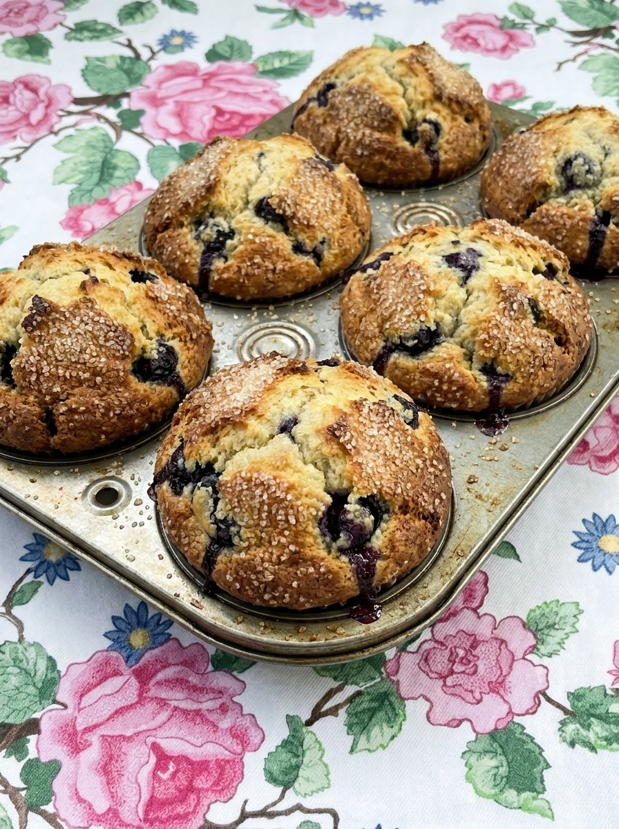 Bakery Style Blueberry Muffins with tall golden tops and visible blueberries