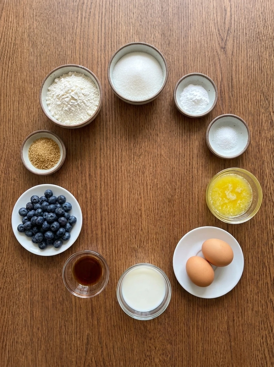 Measured ingredients for Bakery Style Blueberry Muffins in separate containers