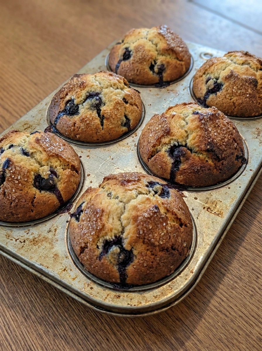 Bakery Style Blueberry Muffins baked with tall golden cracked tops