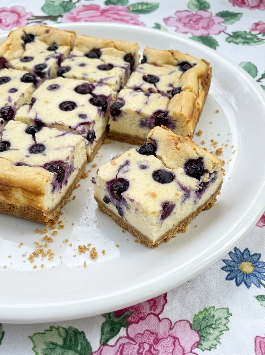 Blueberry Cream Cheese Bars baked until lightly golden and sliced with creamy filling and blueberries on top