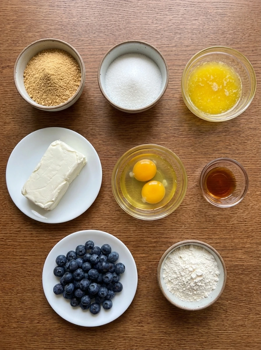 Ingredients for Blueberry Cream Cheese Bars arranged in separate small containers