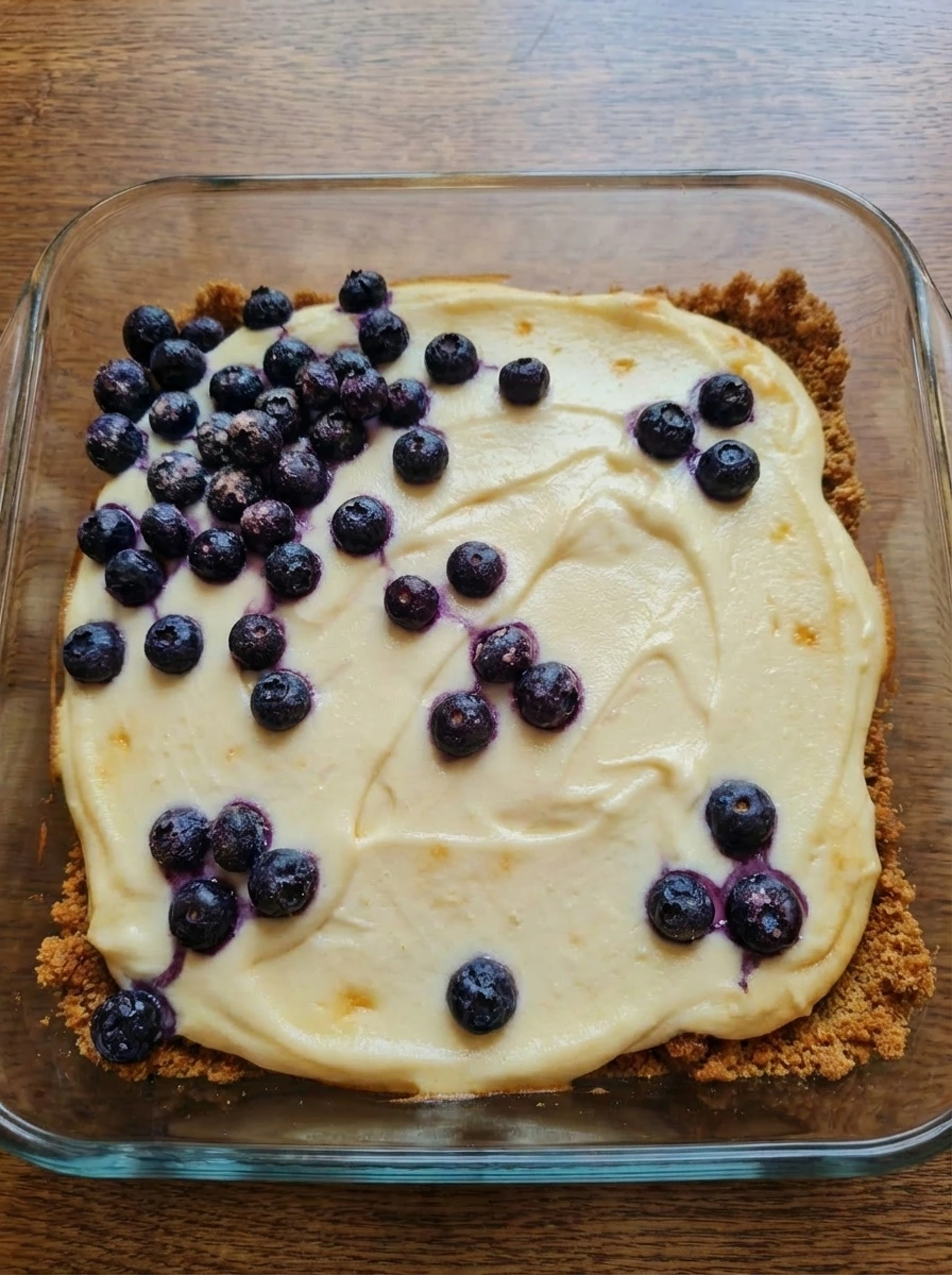 Baked blueberry cream cheese bars with golden edges and wrinkled berries