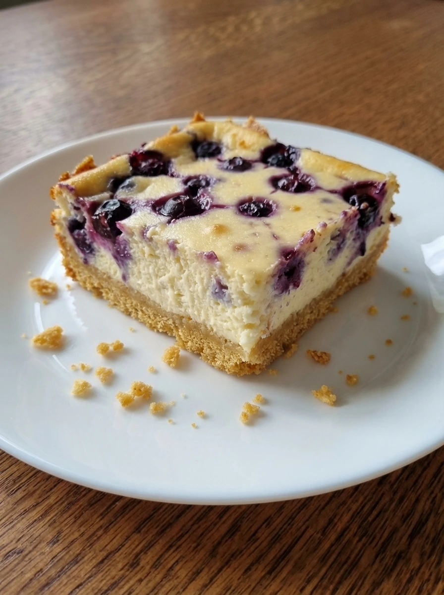 Single sliced blueberry cream cheese bar on a white plate showing creamy layers