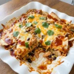 Chicken Burrito Casserole with melted cheese and browned edges in a serving dish