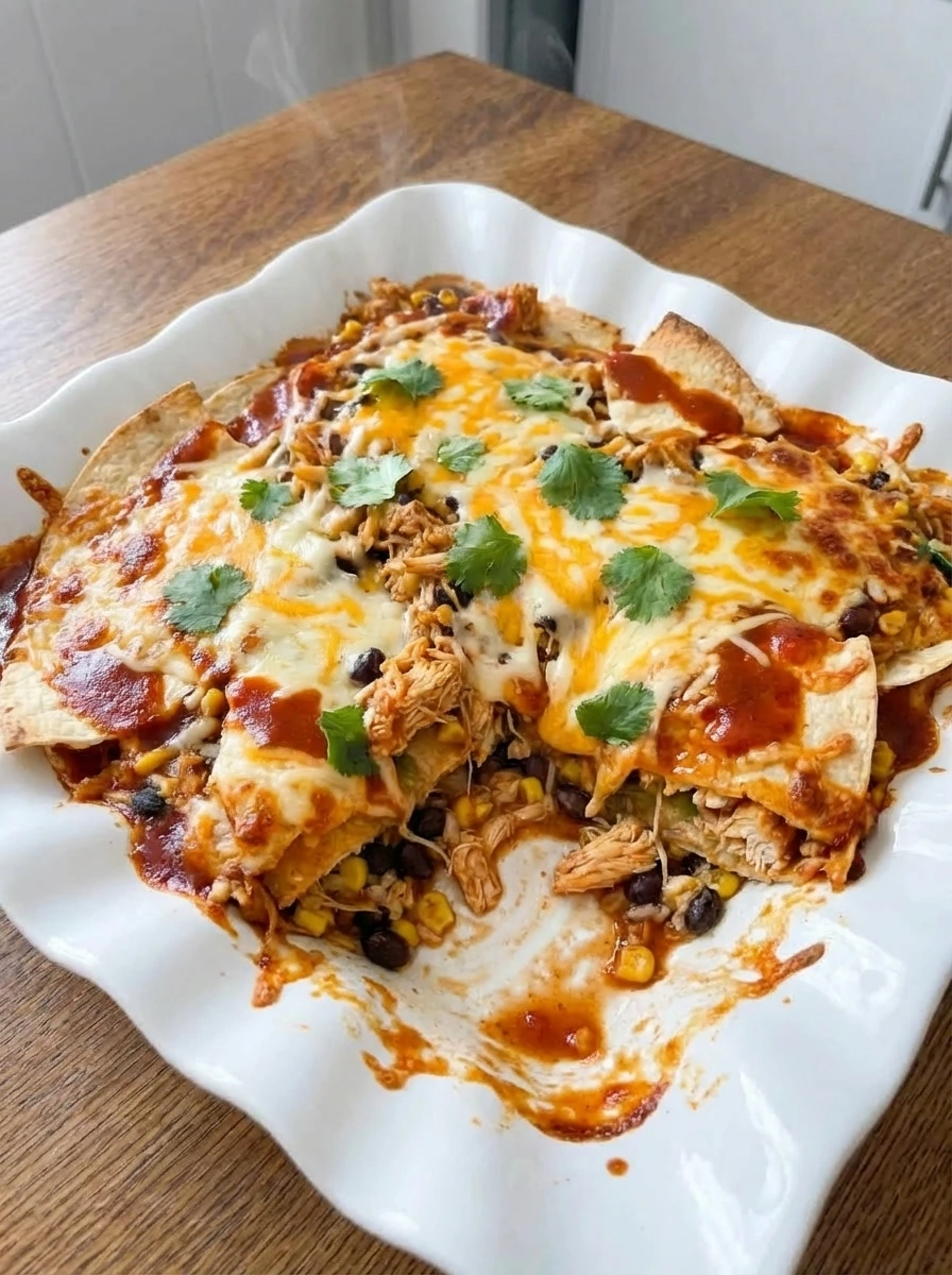 Chicken Burrito Casserole with melted cheese and browned edges in a serving dish