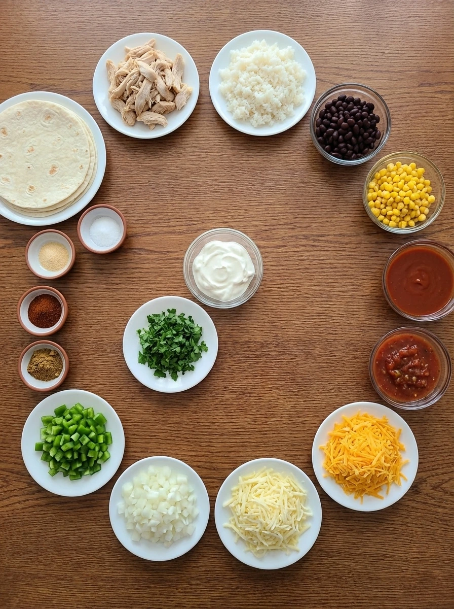 Ingredients for Chicken Burrito Casserole arranged in separate small containers