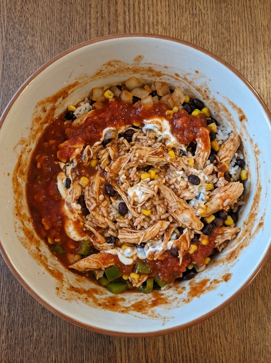 Chicken burrito casserole filling mixed in a bowl with chicken rice beans and salsa
