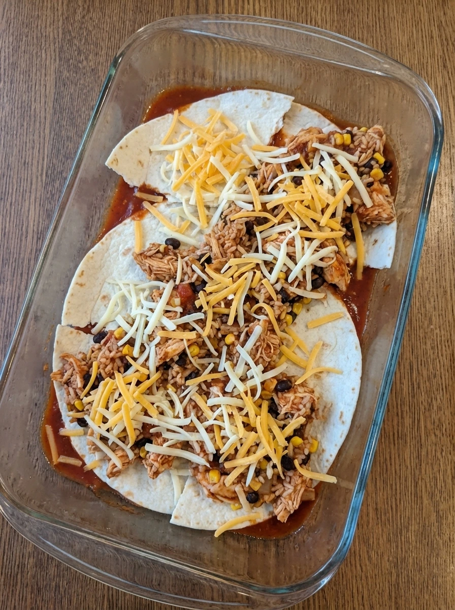 Chicken Burrito Casserole layered in a baking dish before baking