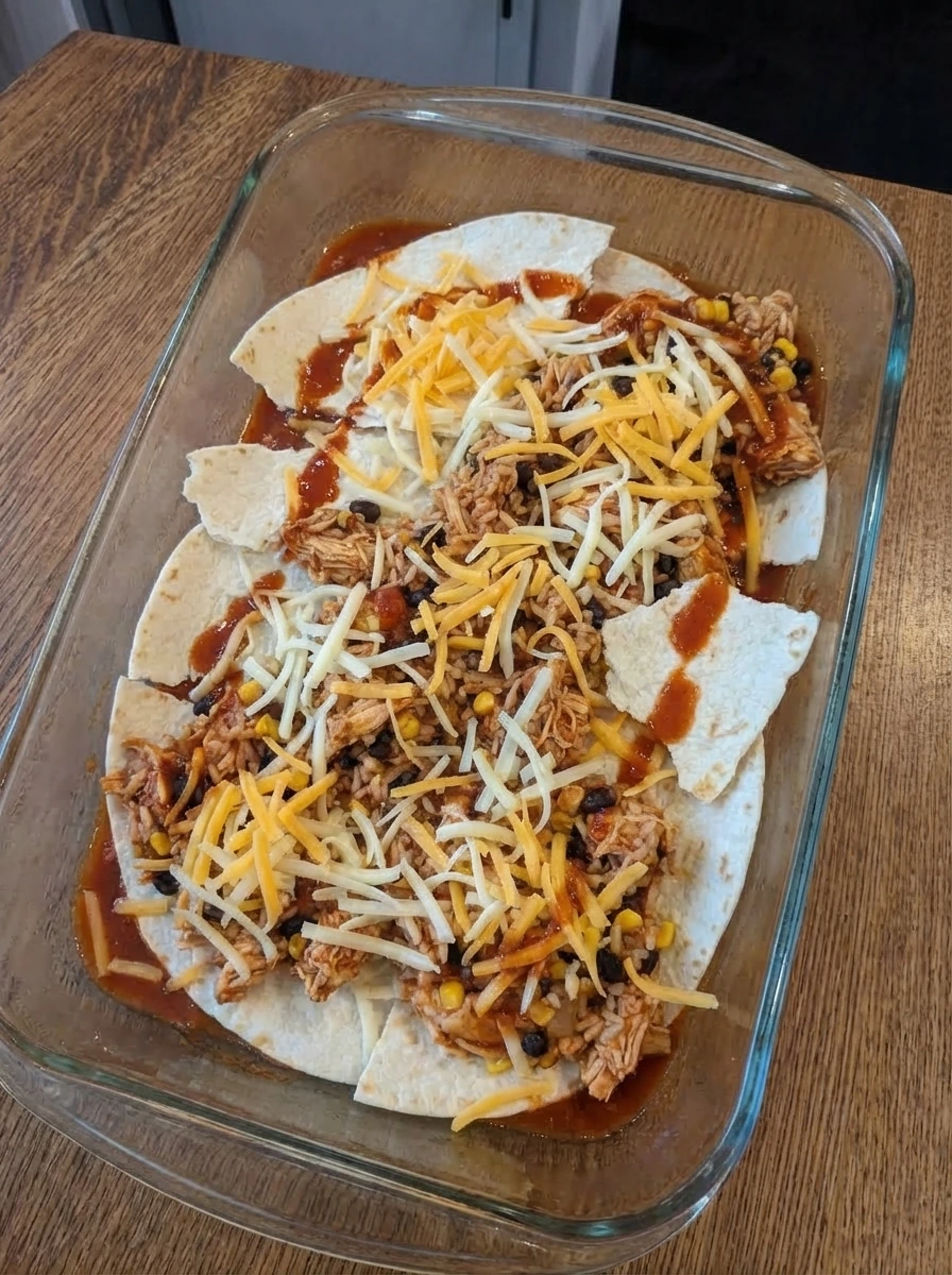 Unbaked Chicken Burrito Casserole topped with cheese in a baking dish
