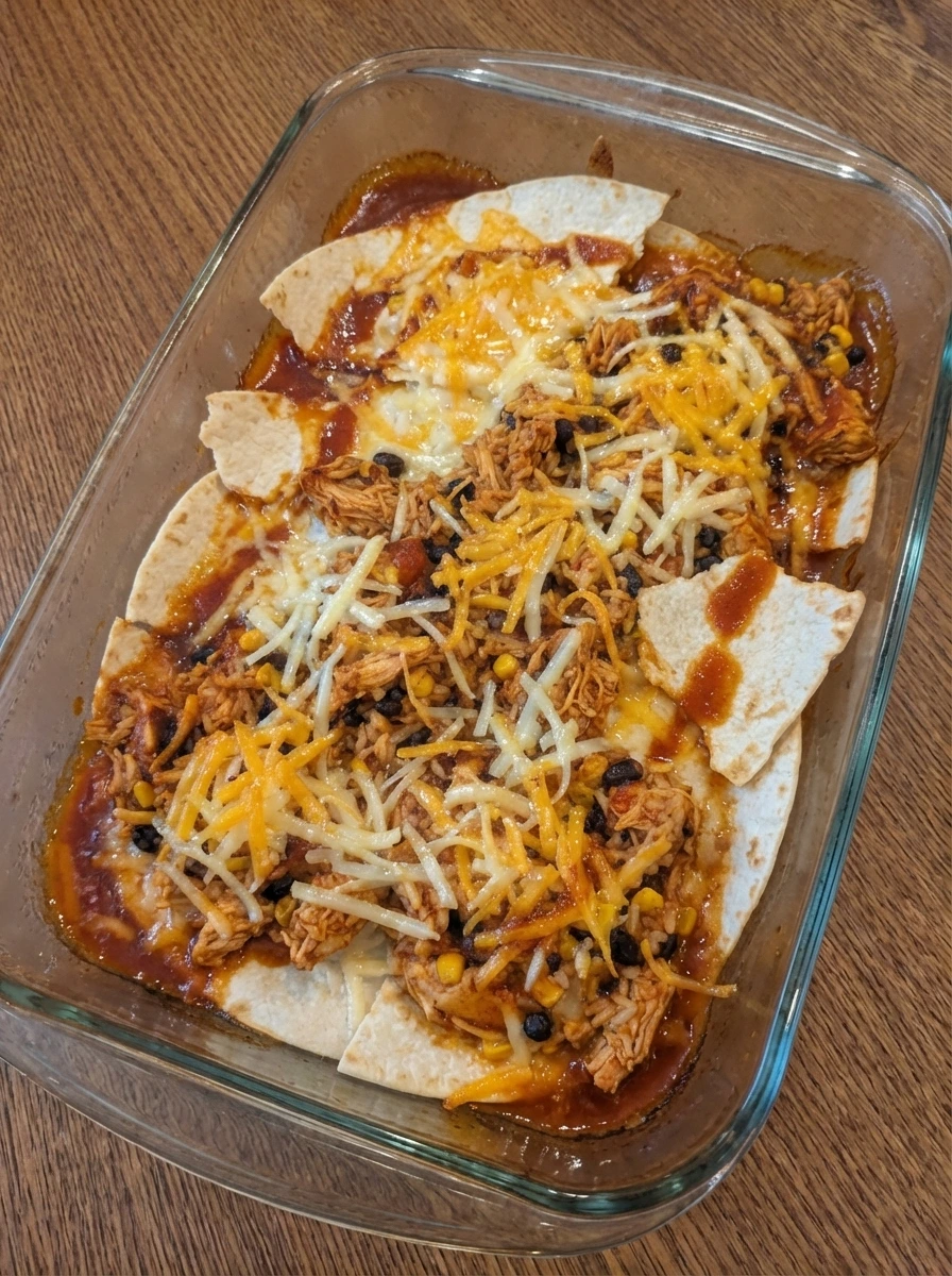 Baked Chicken Burrito Casserole with melted cheese and browned spots