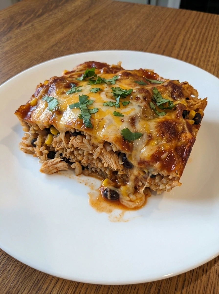 Plated portion of Chicken Burrito Casserole showing the inside layers