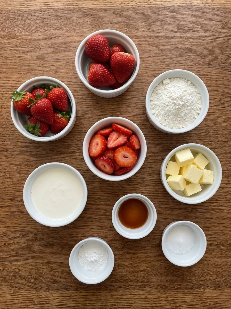 Ingredients for Classic Strawberry Shortcake in separate small white containers