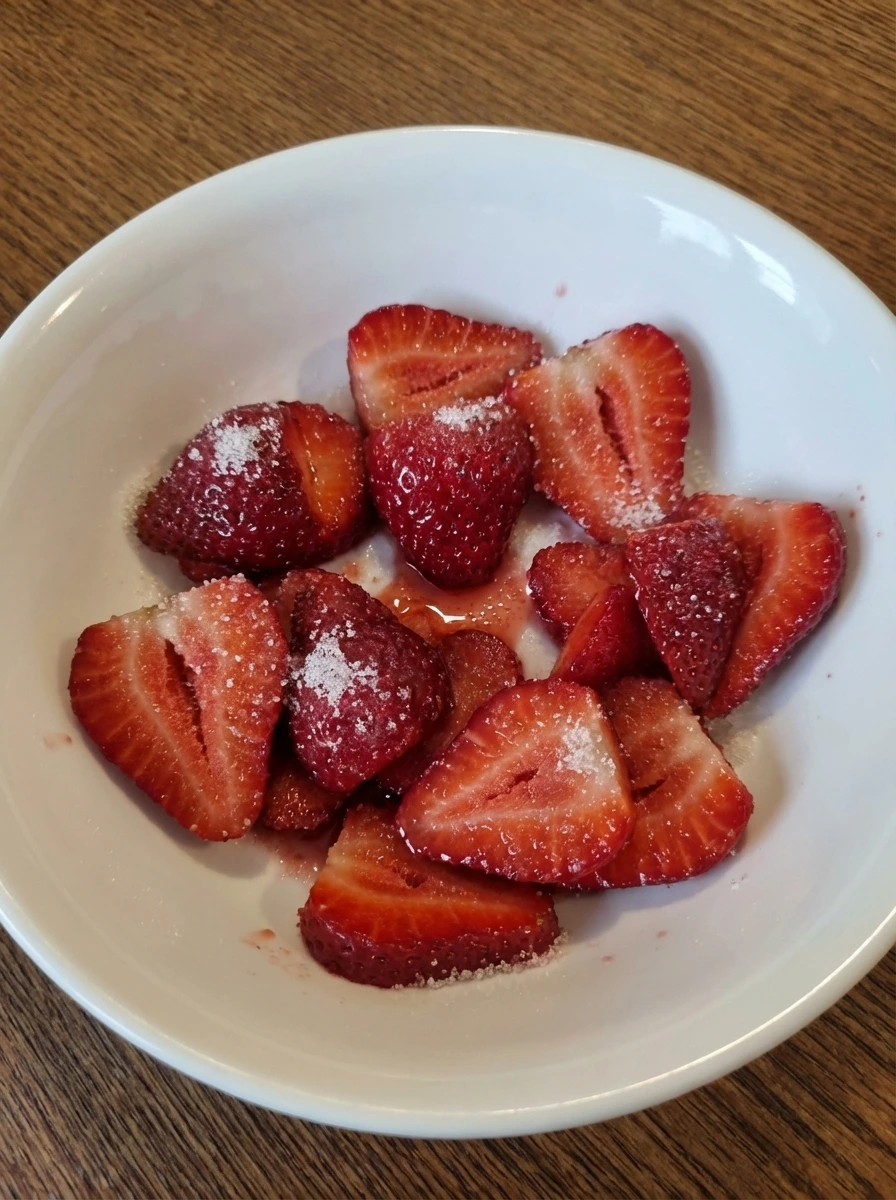 Sliced strawberries coated with sugar in a white dish