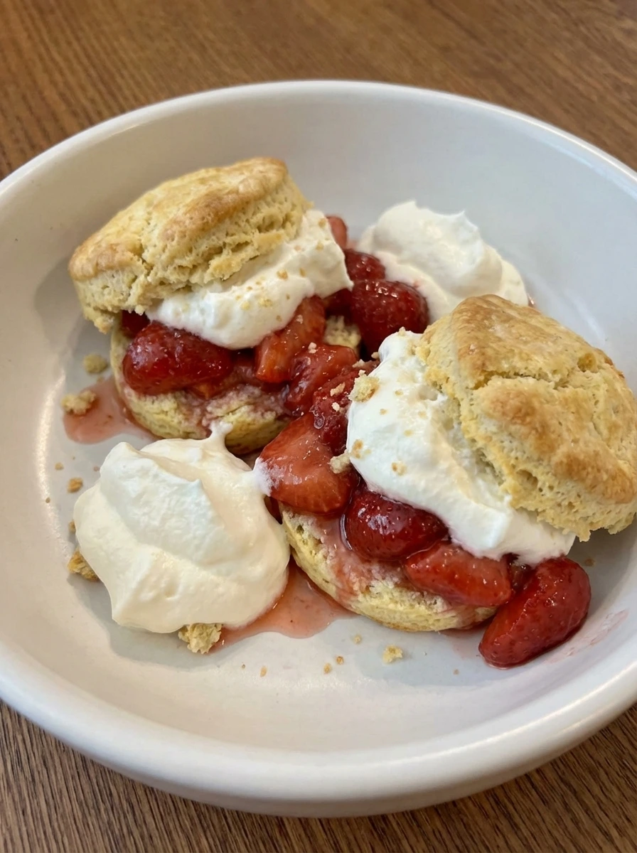 Finished Classic Strawberry Shortcake with extra berries and cream