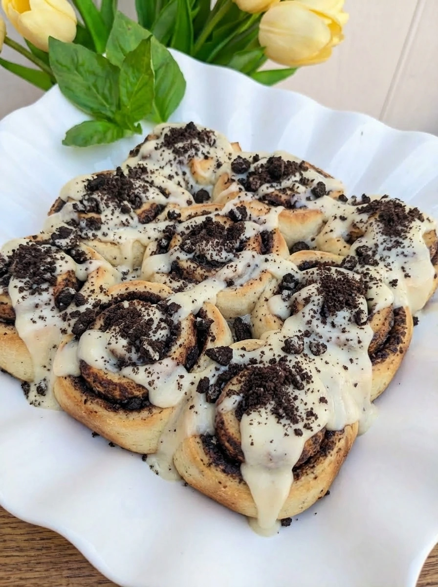 Cookies and Cream Cinnamon Rolls baked until lightly golden with cream cheese frosting and cookie crumbs.