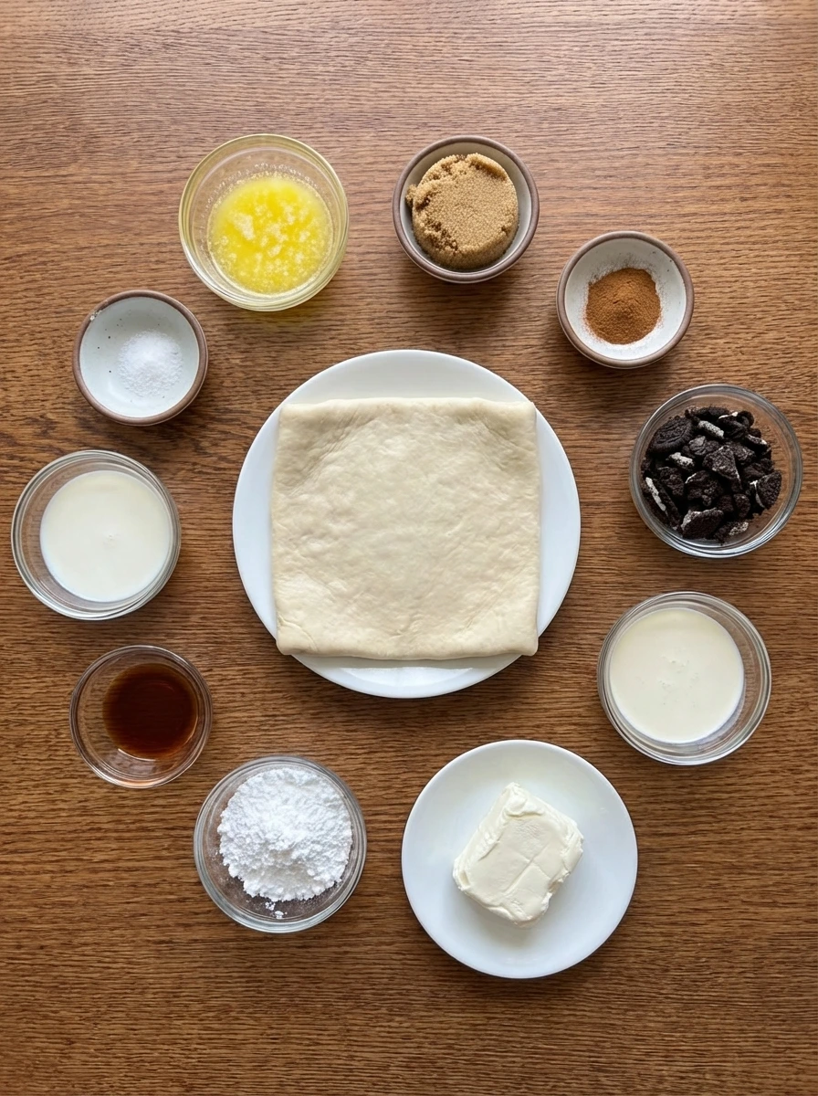 Measured ingredients for Cookies and Cream Cinnamon Rolls in separate small containers.