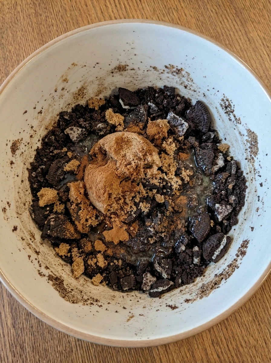 Cookie cinnamon filling mixed into a dark crumbly mixture.