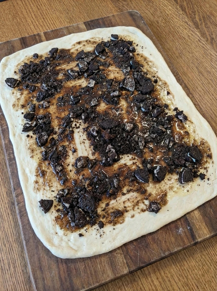 Dough spread with cookie cinnamon filling in an uneven layer.