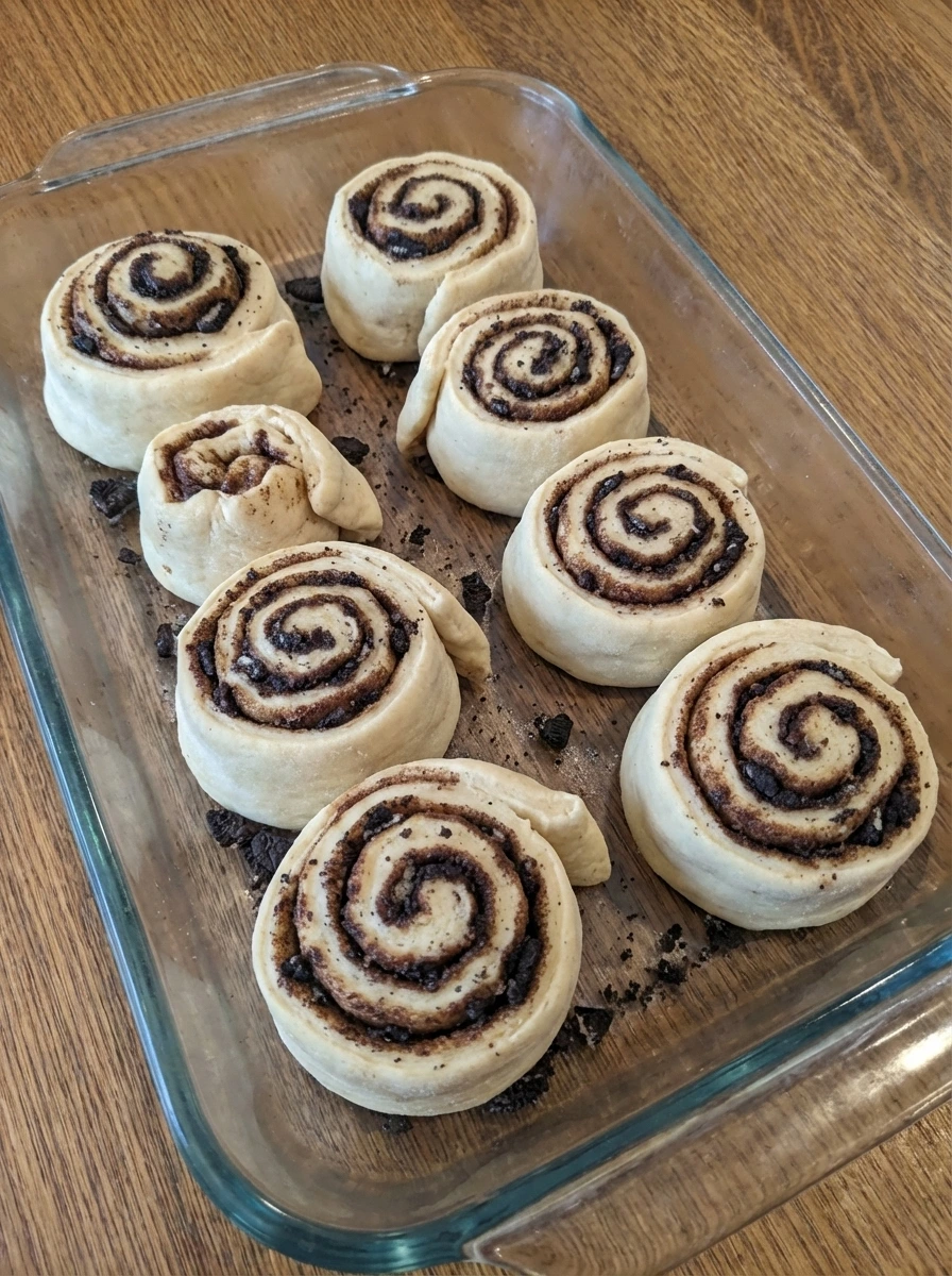Eight sliced cookies and cream roll rounds arranged in a baking dish.