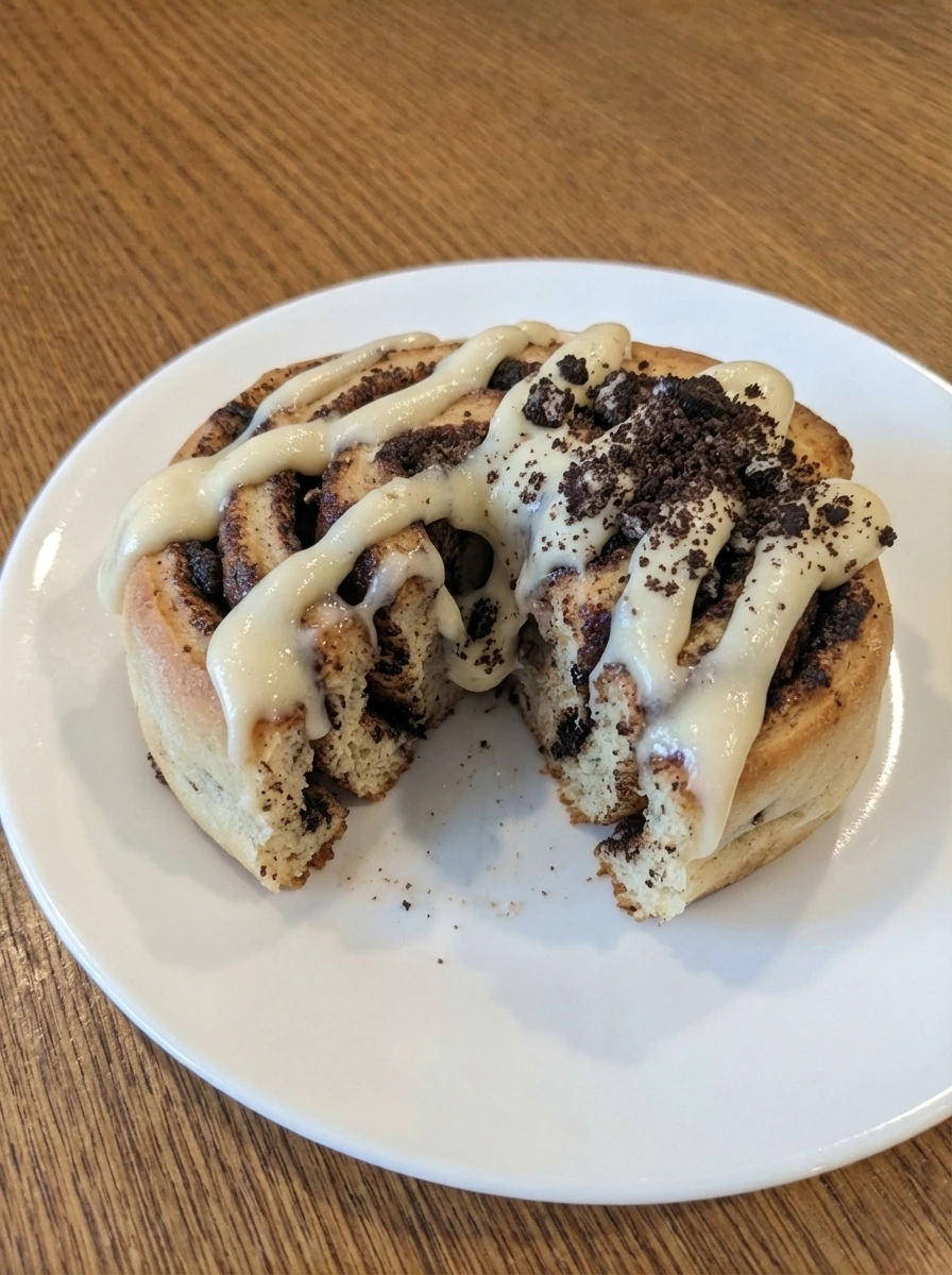 Single frosted Cookies and Cream Cinnamon Roll on a plate with visible soft layers.