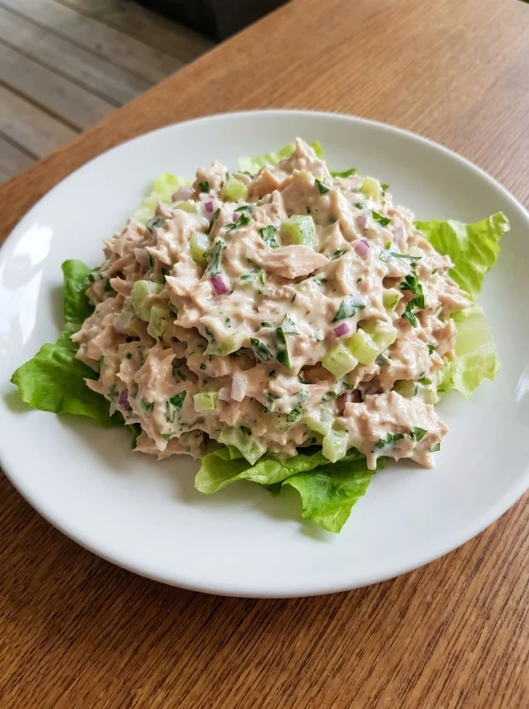Creamy Tuna Salad served on a white plate with lettuce leaves and visible celery and red onion.