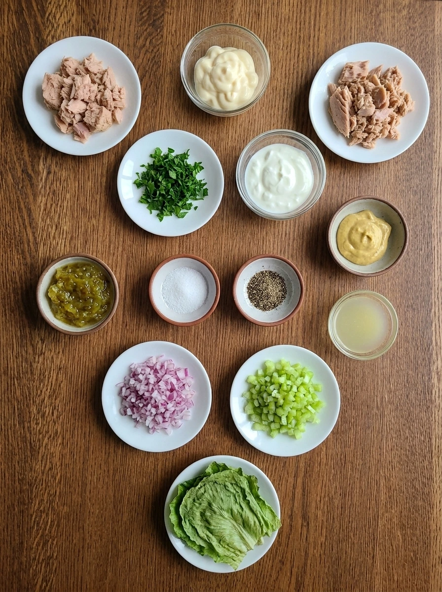 Separate ingredients for Creamy Tuna Salad arranged in small containers.