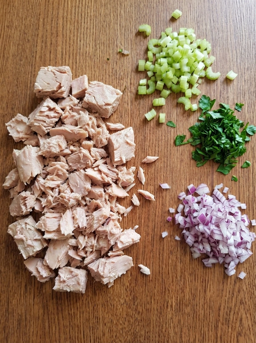 Flaked tuna with chopped celery red onion and parsley on a cutting board.