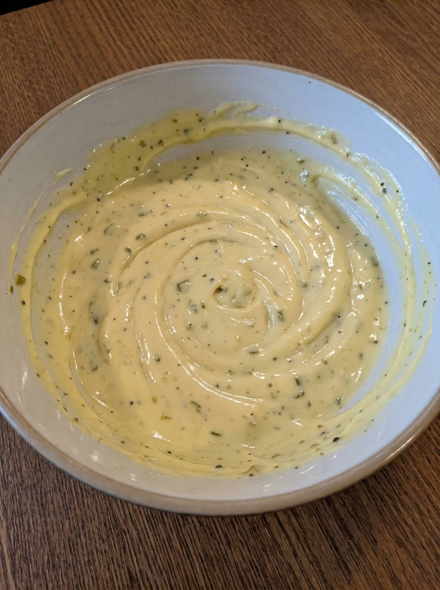 Creamy dressing mixed for tuna salad in a bowl with soft swirls.