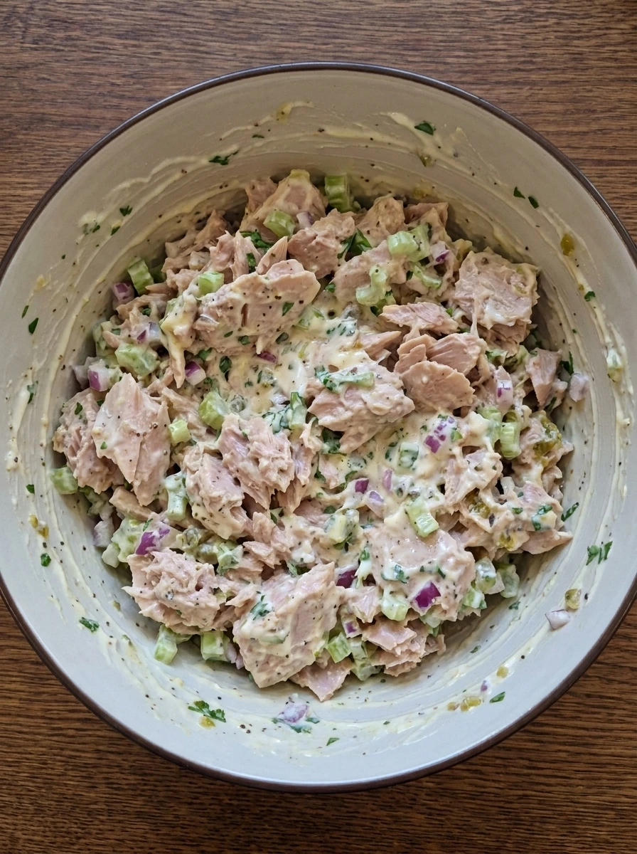 Tuna and vegetables folded into creamy dressing in a bowl.