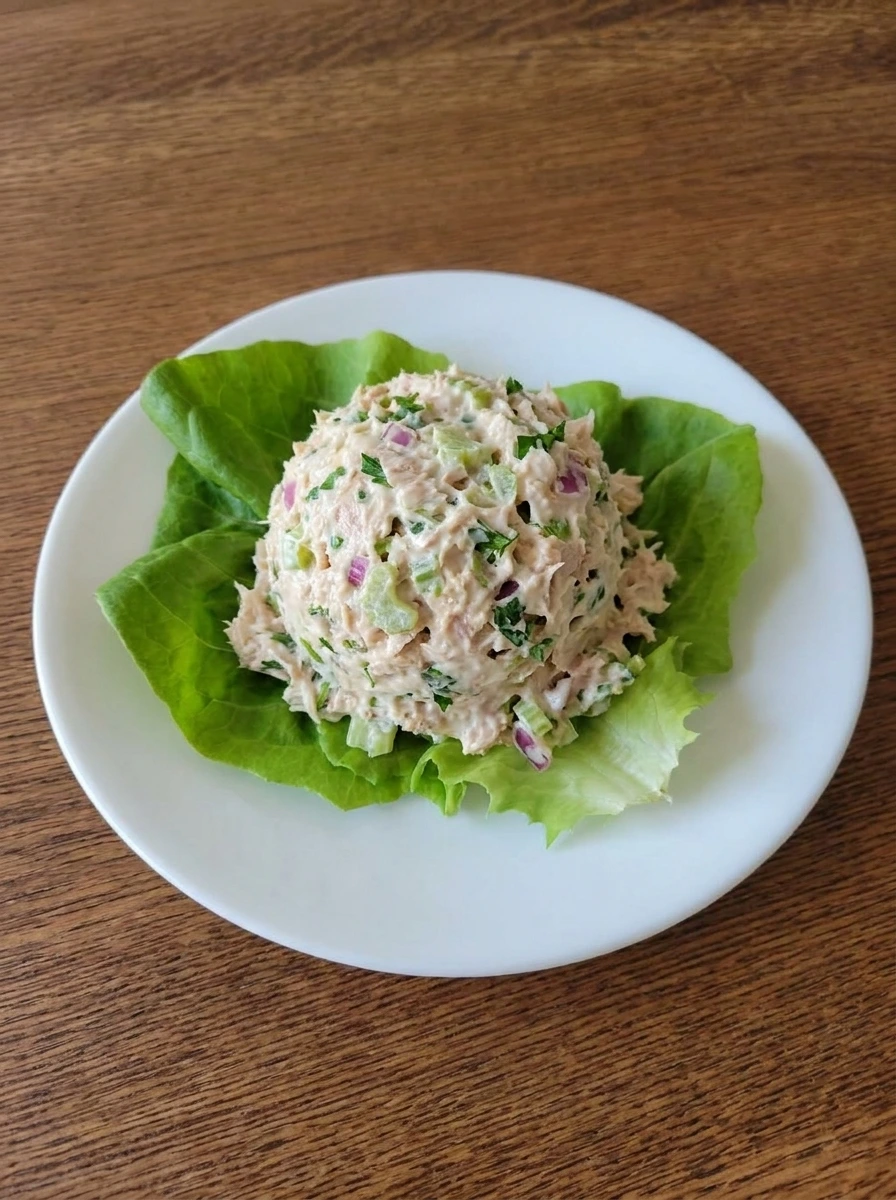 Plated Creamy Tuna Salad on lettuce leaves with visible tuna and vegetables.