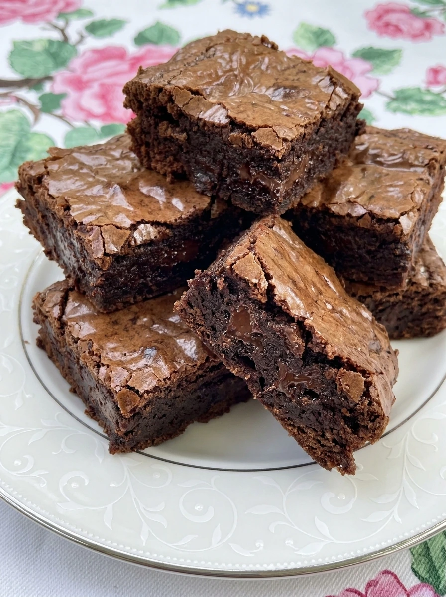 Fudgy Chocolate Brownies stacked on a white plate with crackly tops and soft centers