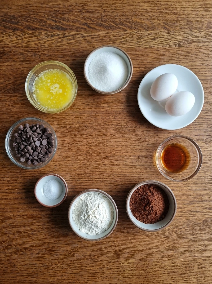 Ingredients for Fudgy Chocolate Brownies arranged in separate small containers