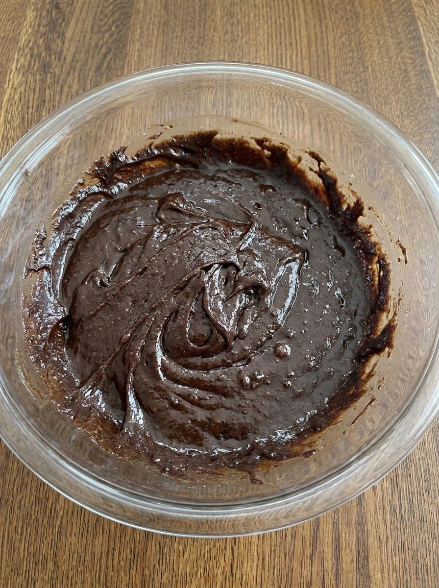 Dark thick brownie batter after cocoa flour and salt are folded in