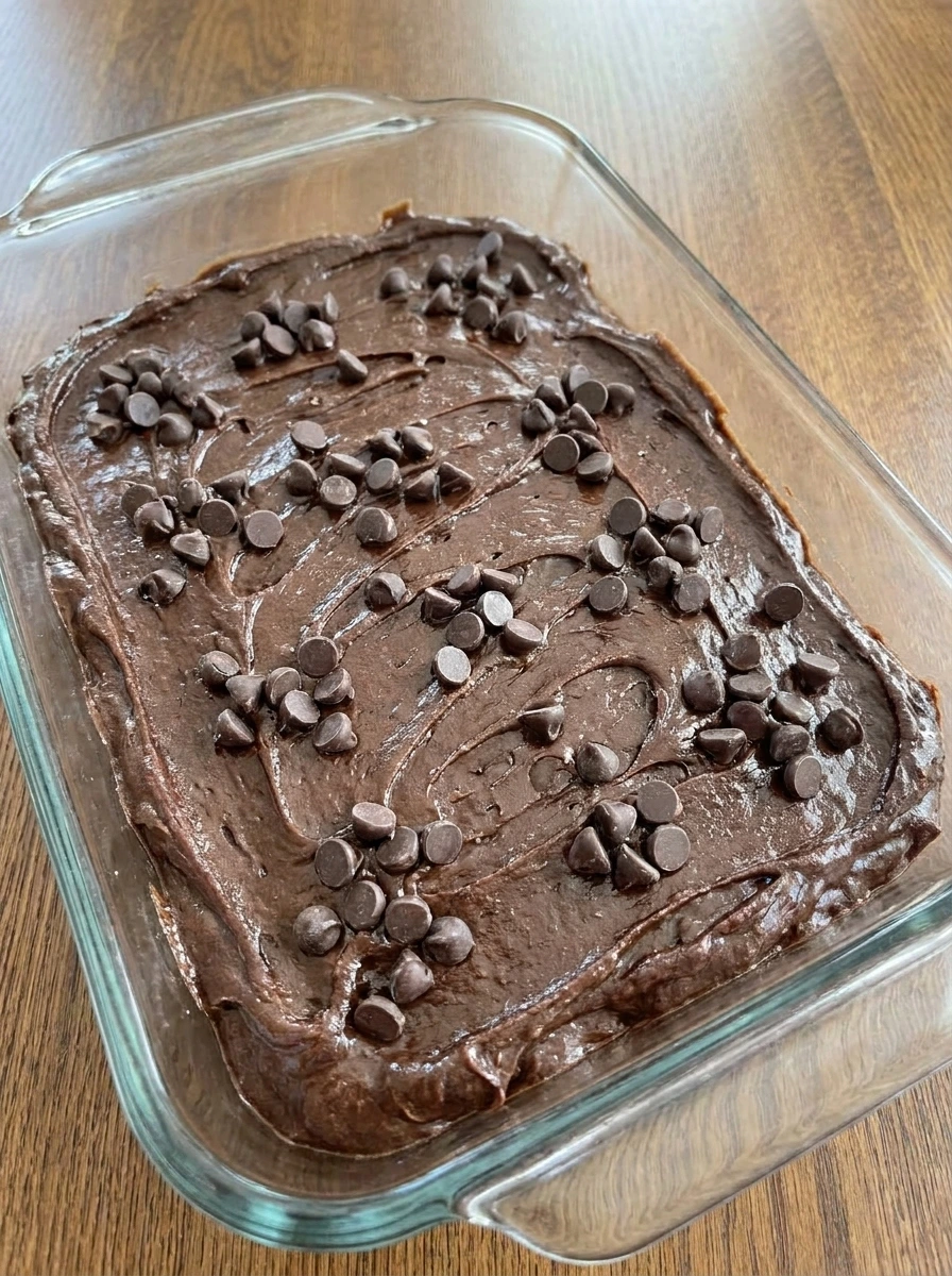 Brownie batter spread in a baking dish with chocolate chips on top