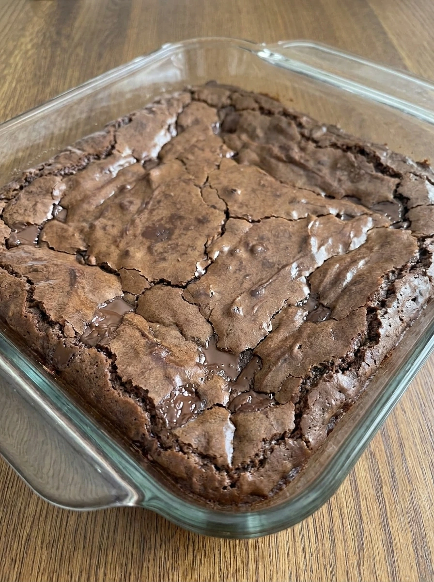 Baked brownies in a glass dish with a crackly top and melted chocolate spots