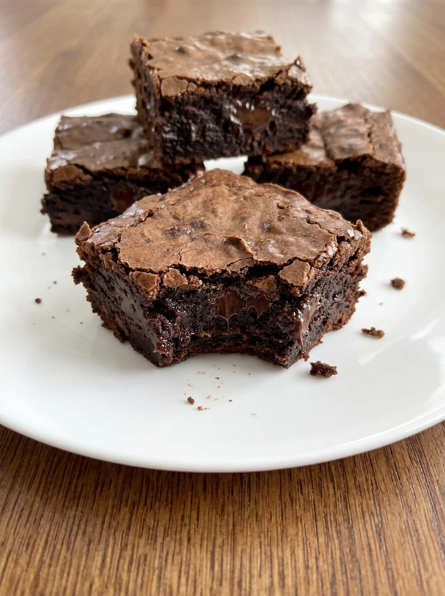 Cut fudgy brownies on a white plate showing dense centers and crackly tops