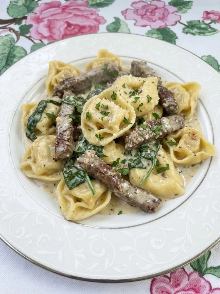 Garlic Steak Tortellini on a white plate with browned steak and creamy sauce