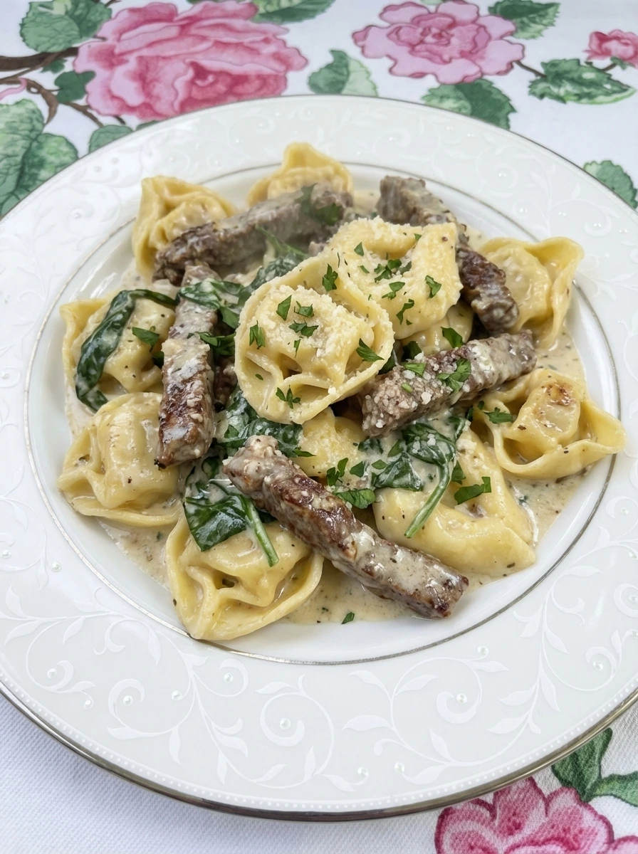 Garlic Steak Tortellini on a white plate with browned steak and creamy sauce
