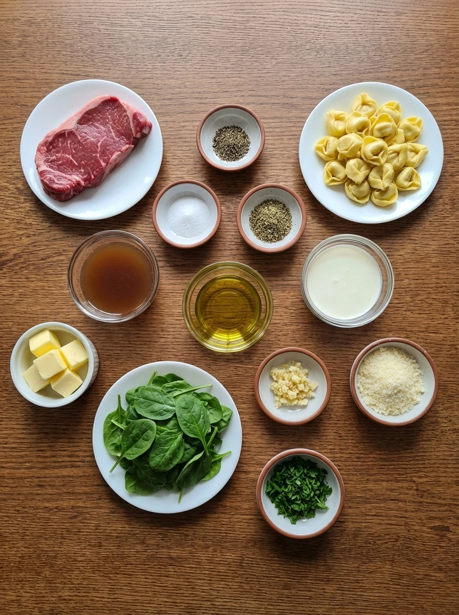 Separate ingredients for Garlic Steak Tortellini in small containers