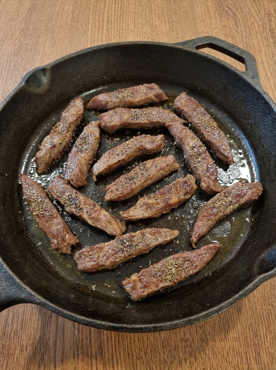 Steak strips browning for Garlic Steak Tortellini