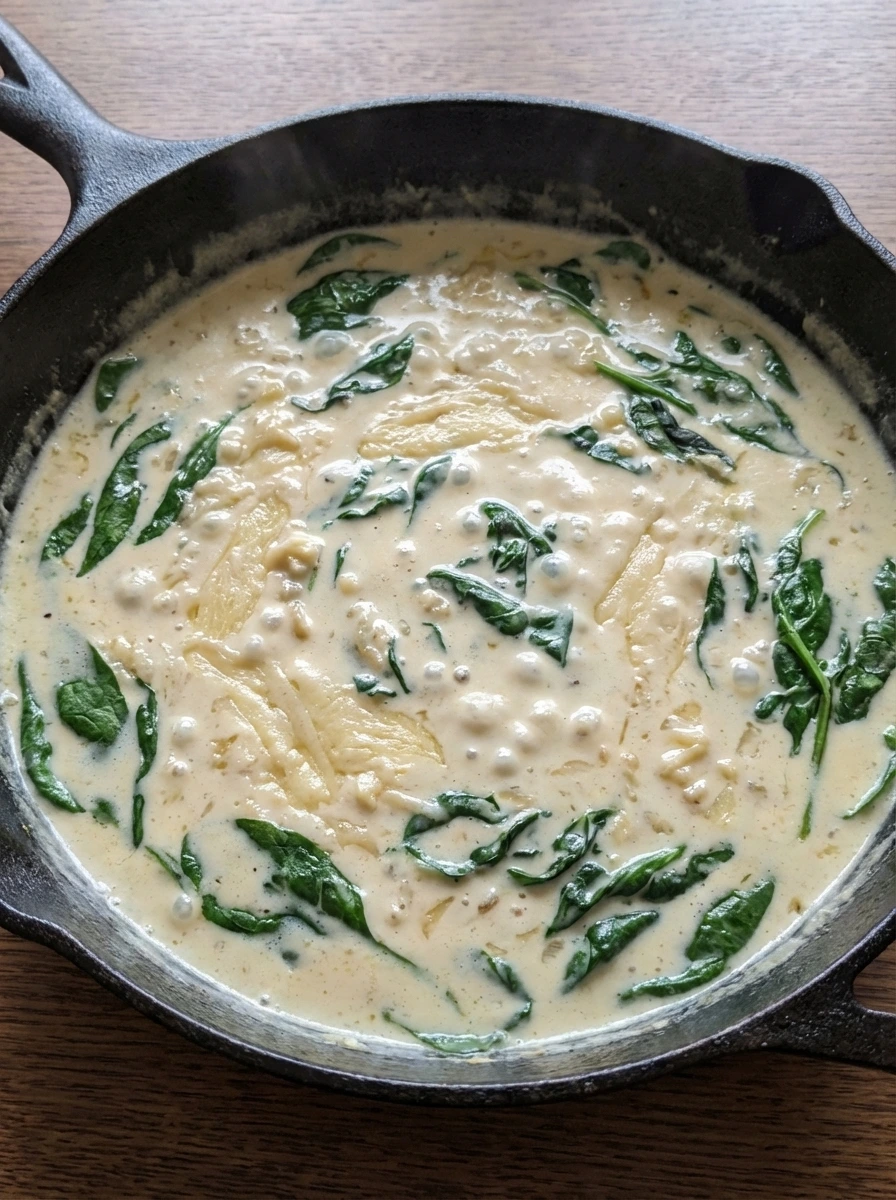 Creamy garlic Parmesan sauce with spinach for Garlic Steak Tortellini