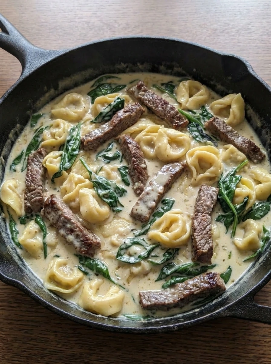 Steak and tortellini mixed in creamy sauce for Garlic Steak Tortellini