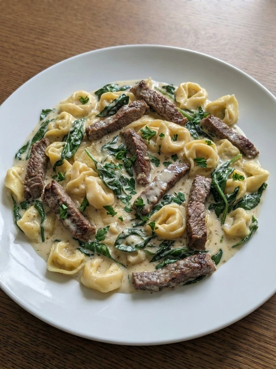 Plated Garlic Steak Tortellini with parsley